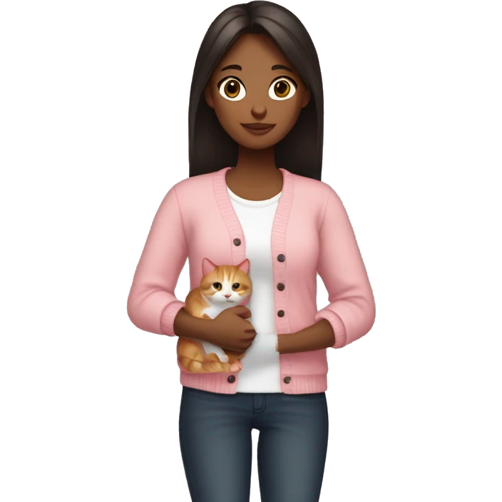 make a emoji of a girl with straight black/dark brown hair and brown eyes , like those ios emojis, and make her wear a pink cardigan with a white crop top , she has to be holding her ginger cat calm emoji