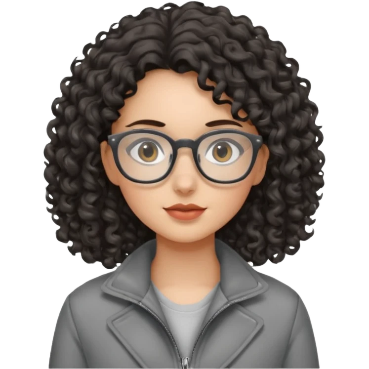 girl with dark curly hair, glasses and a gray jacket emoji