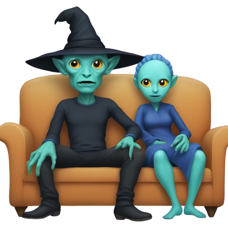 alien reptilian woman  as witch, humman man in blue, sitting on a couch  emoji