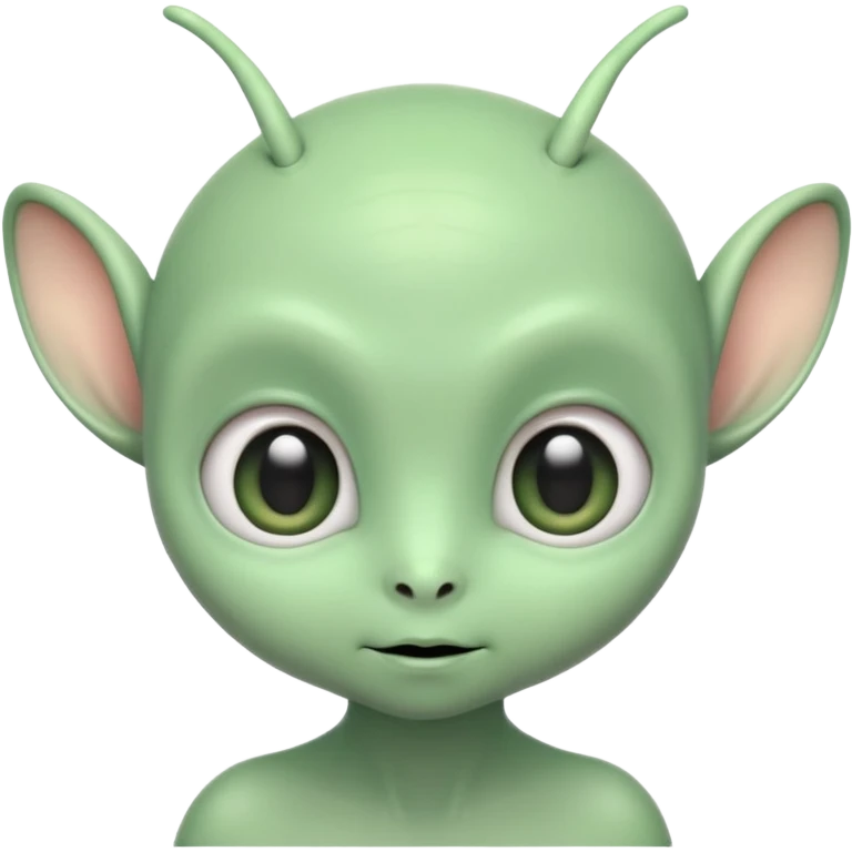ortrait of a cute alien with round head, big shiny eyes, pastel green skin, small antennae, friendly expression, cartoon style emoji