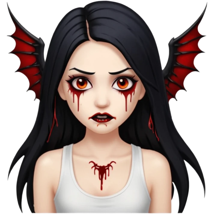 White woman with a white tank top long black hair glossy middle part long hair vamp look with fangs or blood dripping brown eyes eyeliner winged with lashes top and bottom emoji