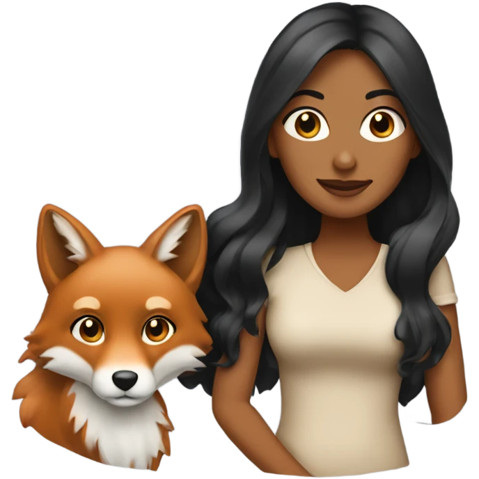 a tan woman with long wavy black hair holding a fox emoji