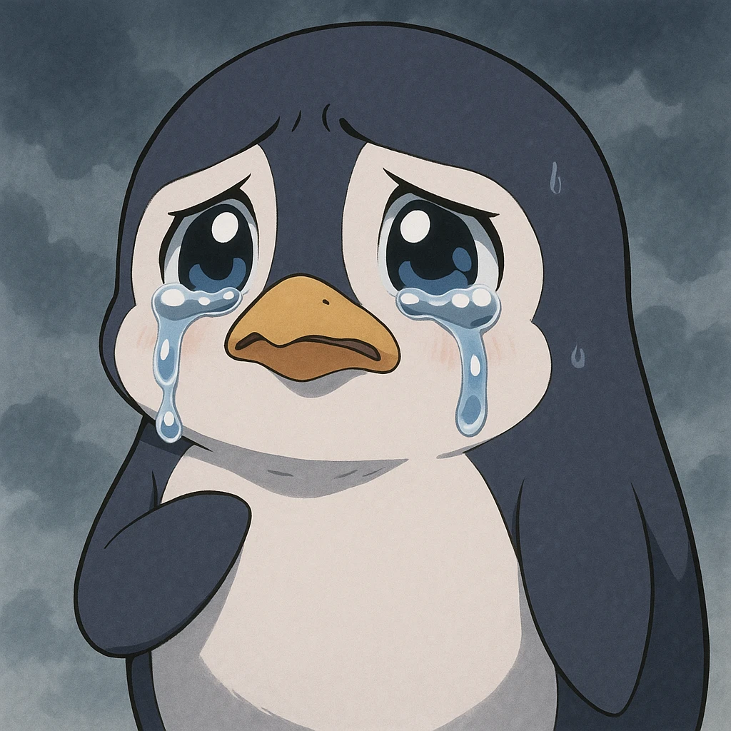 anime style penguin crying, looking sad emoji