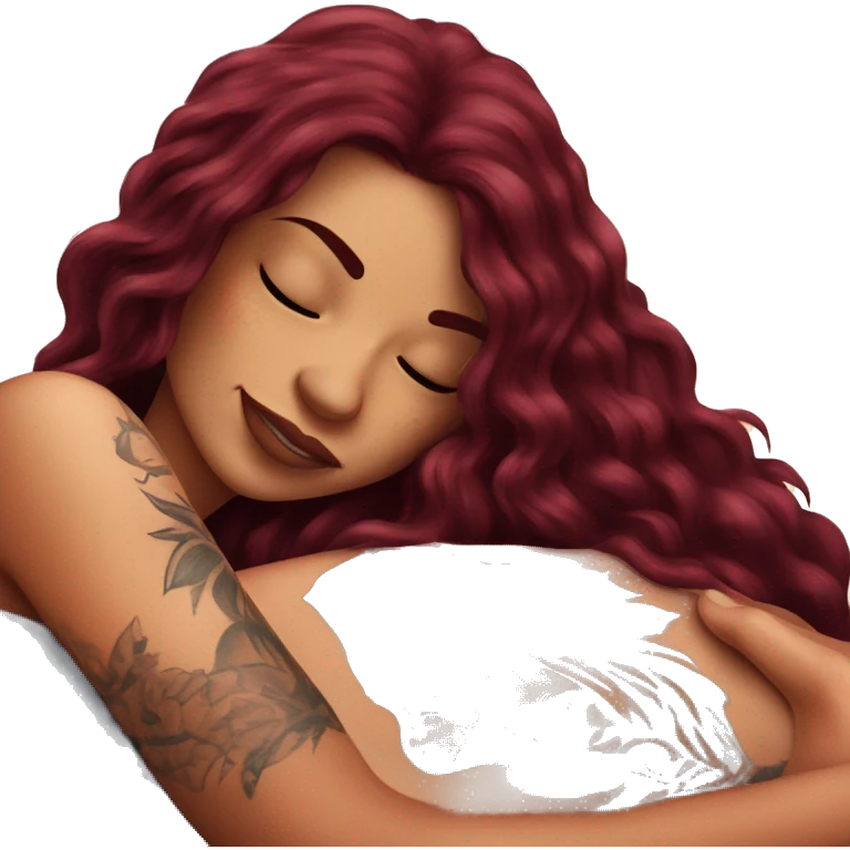 Beautiful tattooed burgundy long haired woman laying on the boyfriends chest emoji