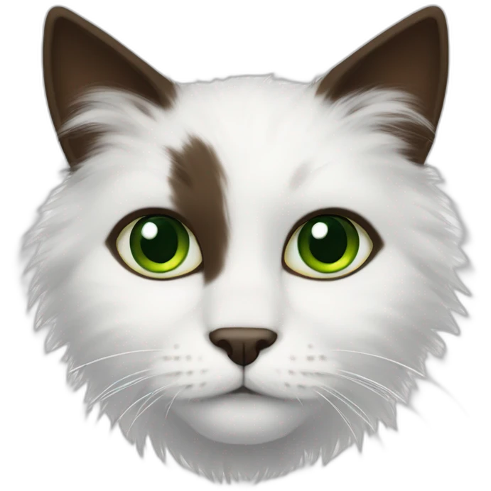 white fluffy bi-colour cat with dark brown ears and upper head, brown ears and green eyes emoji