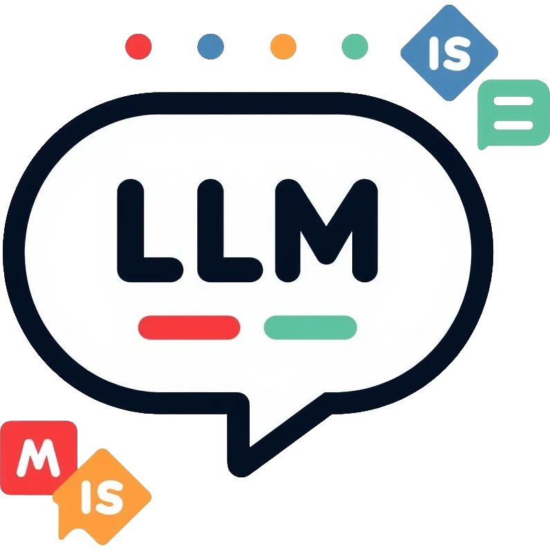 A speech bubble with text tokens and code symbols representing LLM output emoji