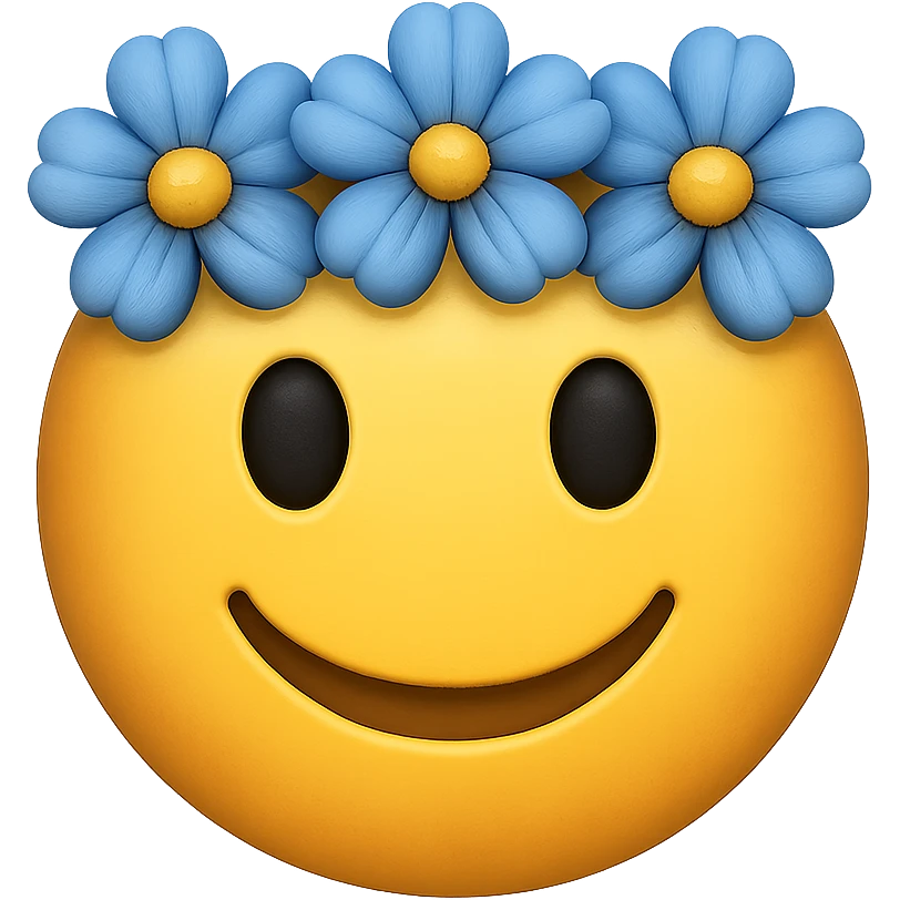 yellow face with blue flower crown emoji, digital illustration, remove background emoji