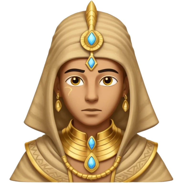 ancient pharaoh sand mage portrait, head and shoulders only, Egyptian-inspired hood collar, gold ornaments, mystical sand swirl, glowing eyes, 3D cartoon, mobile game icon style, clean background, no text, no watermark
 emoji