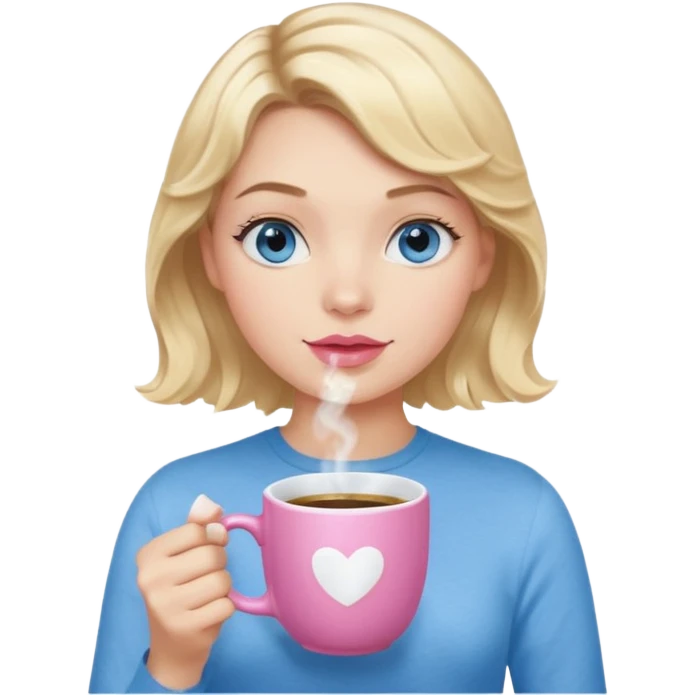 Girl Blonde short wavy hair,  blue eyes, cute blue top, long lashes, pink lips, holding hot white coffee mug emoji