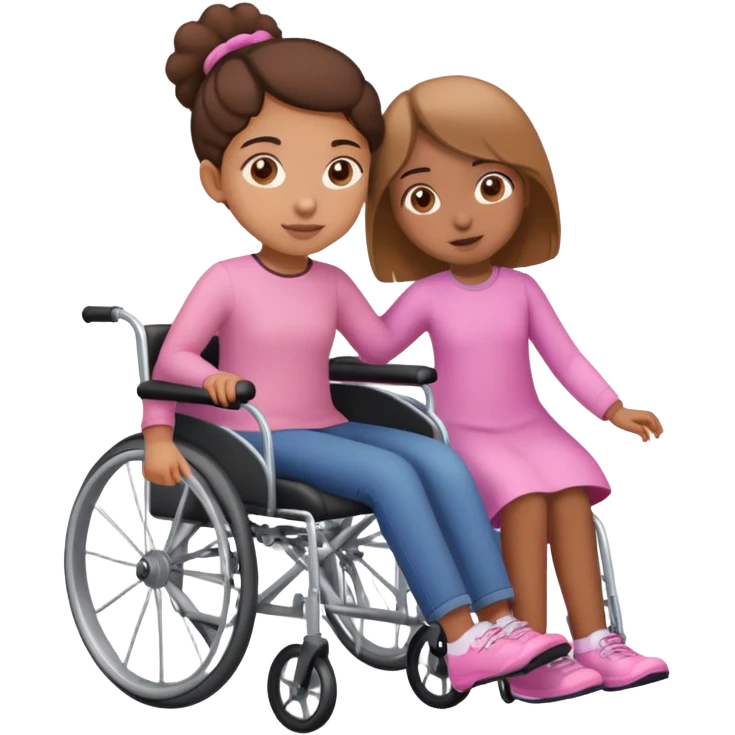 One light brown sister pushing her brown sister in a pink wheelchair emoji