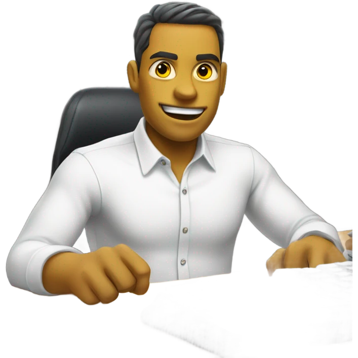 yellow skin man using white keyboard on desk wearing white button down shirt front view emoji