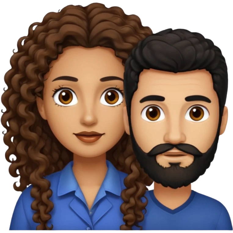 pareja de Mujer morena rizada cabello largo castaño ojos oscuros y hombre piel clara cabello negro con barba  y ojos marron emoji