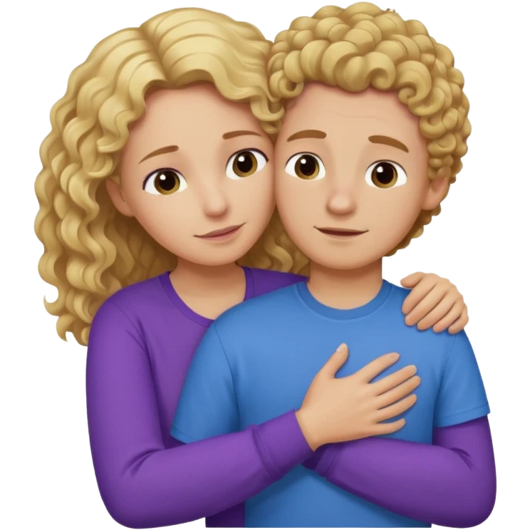 a mother with blond curly long wearing purple hugging his son with brown hair wearing blue and like saying its okay emoji