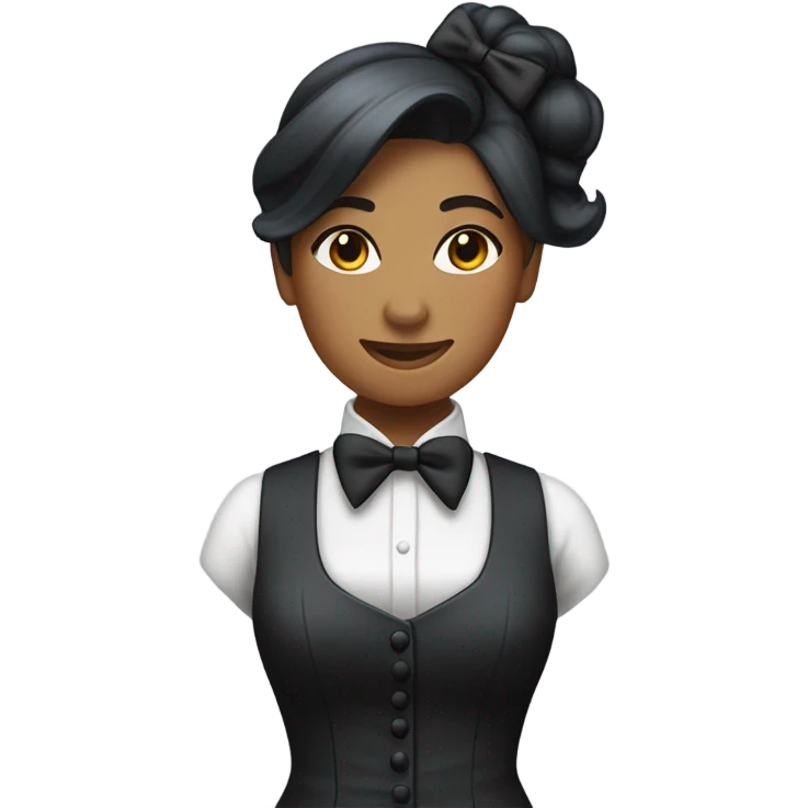 a female butler with a professional and elegant demeanor. She has her hair neatly tied in a ponytail and wears a classic butler uniform, including a tailored vest, crisp white shirt, and bow tie. emoji