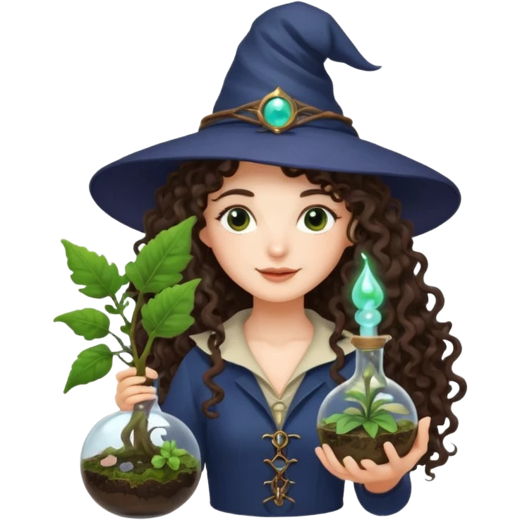 A long curly haired brunette girl with a moon witch hat, and a plant wand or plant potion terrarium emoji