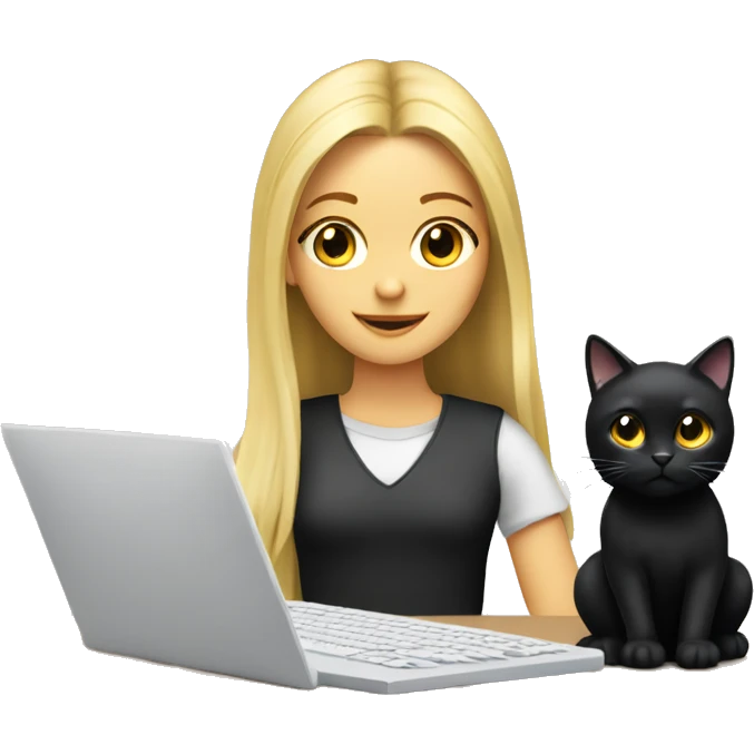 A long haired blonde girl designing with a computer, with a black cat  emoji