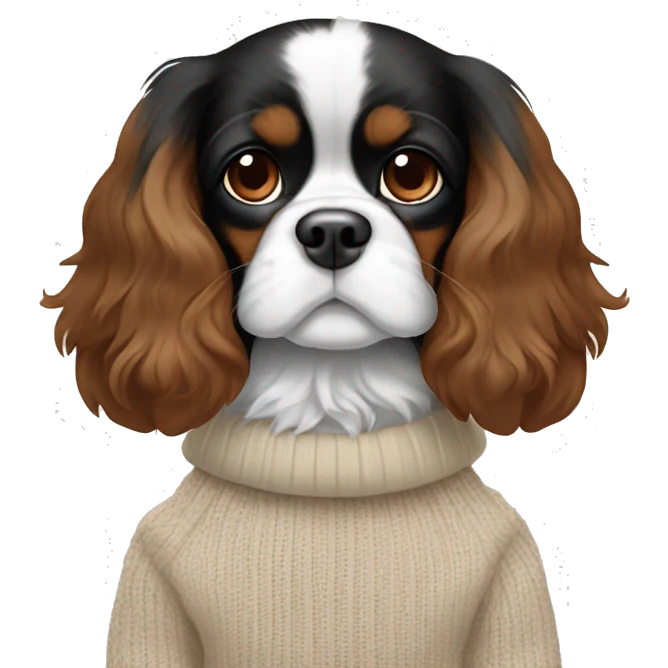 Black, white, and brown King Charles Cavalier with a beige winter sweater emoji