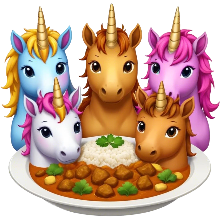 five unicorns eating curry emoji