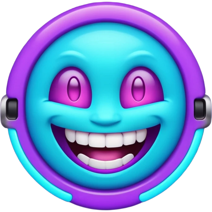 futuristic glowing emoji face laughing wide with glowing teeth, purple and cyan neon light, dark background emoji