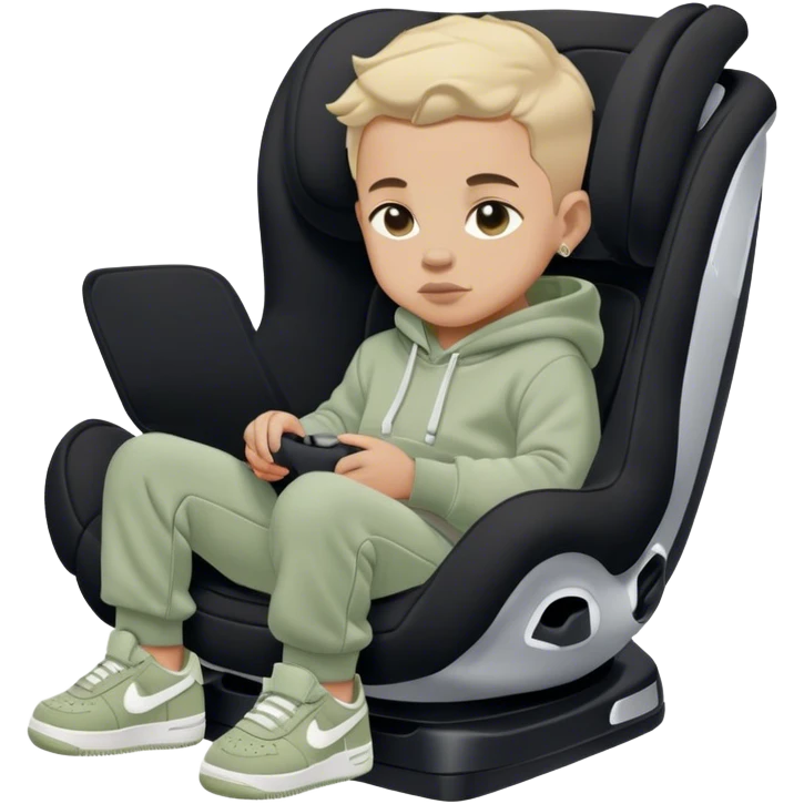 Boy in black toddler car seat. Wearing sage colord sweatpants and sage colored hoodie. And white and black Nike airforce shoes  emoji