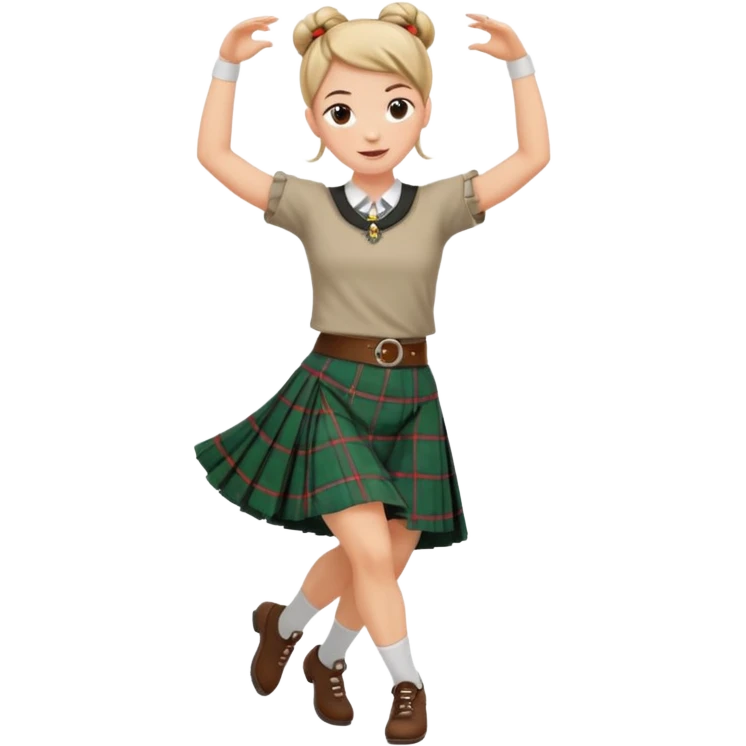 Female highland dancer with hair in bun wearing kilt and dancing emoji