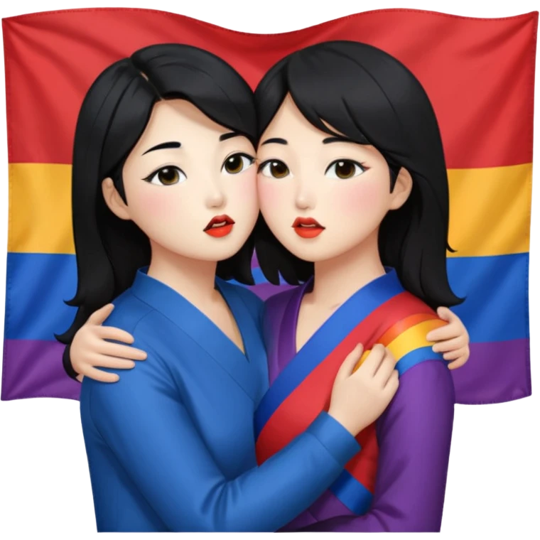 Korean lesbians, kisses and Let them both have black hair, kiss each other, have a lesbian flag on their cheeks, be sweet, dress openly, have open waists  emoji