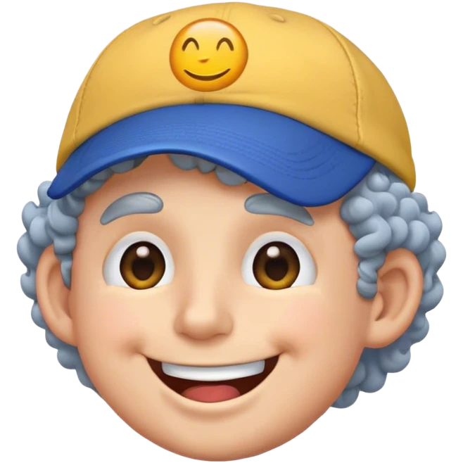 a yellow faced emoji, simple style, big smile, winking, blue ball cap on backwards, cartoon, curly grey hair emoji