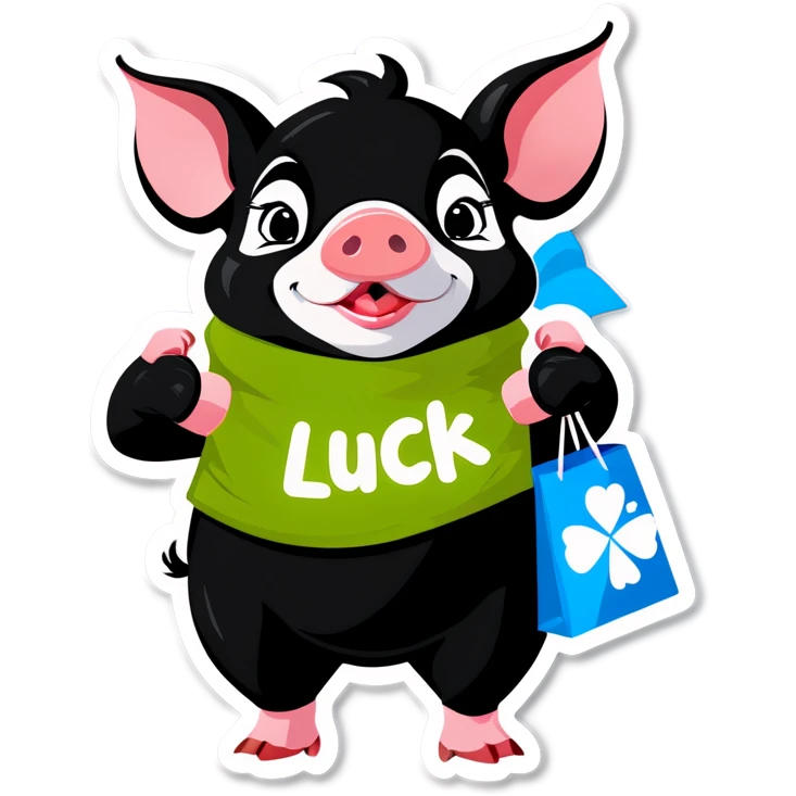 a black piglet holding 4 bags with "luck”written on it emoji