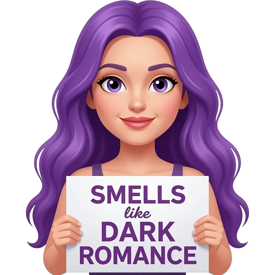 sexy girl with long purple hair holding a SMELLS like DARK ROMANCE sign emoji