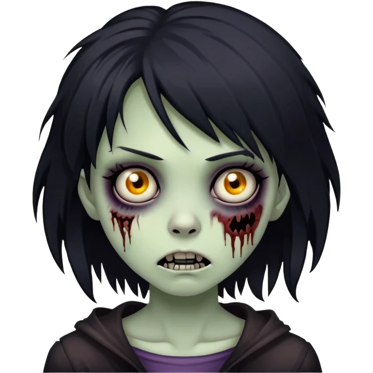 girl zombie with black medium-long shaggy emo hair, dark and spooky, creepy expression emoji