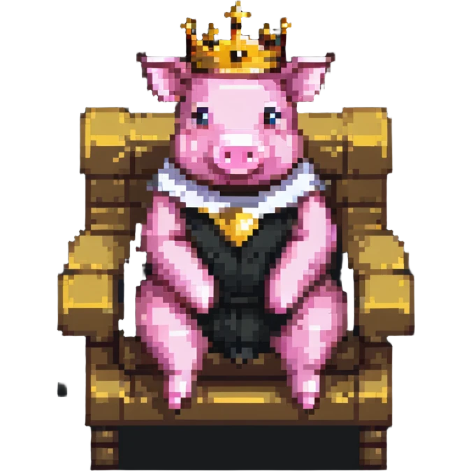 minimal abstract pixel art pig with a golden crown sitting on a throne, blocky and square like Minecraft, very few pixels emoji