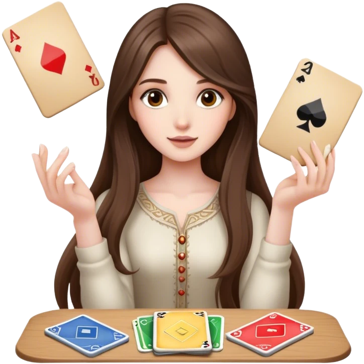  beautiful pale brunette girl with long hair playing uno emoji