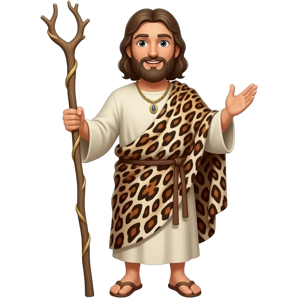 John the Baptist full bodied man with a beard and primitive look, dressed in wild animal prints and robes , holding a staff preaching about Jesus emoji