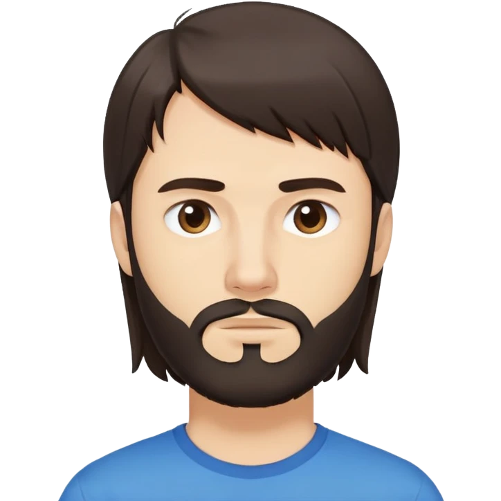 Caucasian Argentine man with long straight dark brown hair, loose hairstyle with bangs, shoulder-length hair, short full beard, serious-neutral expression, basic blue t-shirt emoji