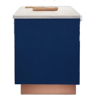Realistic front facing rose gold hanging kitchen cabinets with cobalt blue counter tops. emoji