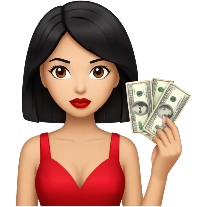 A grown woman wearing a red dress , red lipstick , black hair while holding dollars emoji