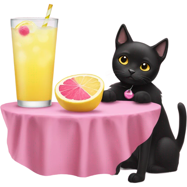 A dog drinking pink lemonade with a black cat emoji