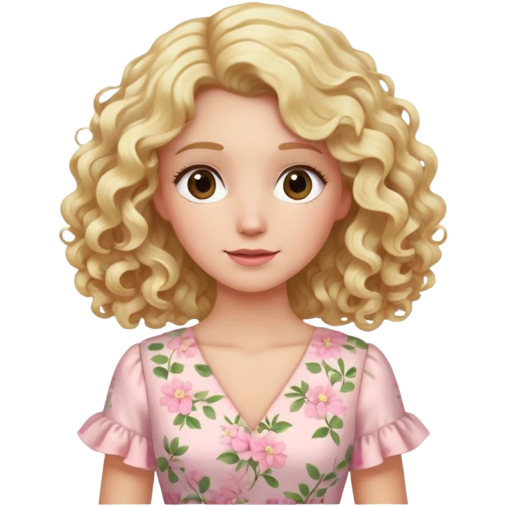 Blonde curly long hair lady with a light pink spring flowered dress emoji