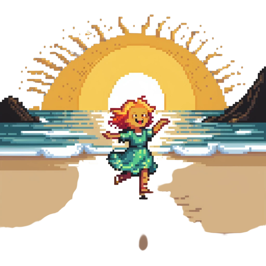 Cheerful beach character dancing on sand with ocean waves and sun, highlighted emoji