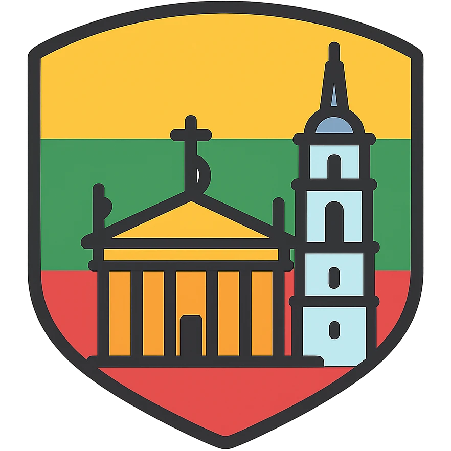 Discord role icon featuring Vilnius Cathedral Lithuania, clean modern style, recognizable cathedral silhouette, subtle Lithuanian flag colors, suitable for small display emoji