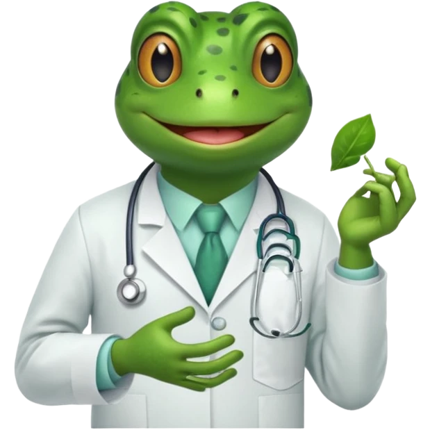 A frog in a doctor’s coat, happily examining a patient, portrait emoji