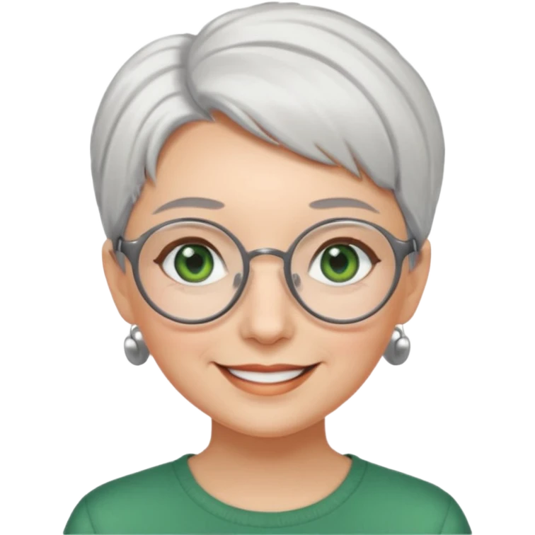 visage femme a lunettes ronde avec cheveux courts gris-blancs aux yeux verts qui souris emoji
