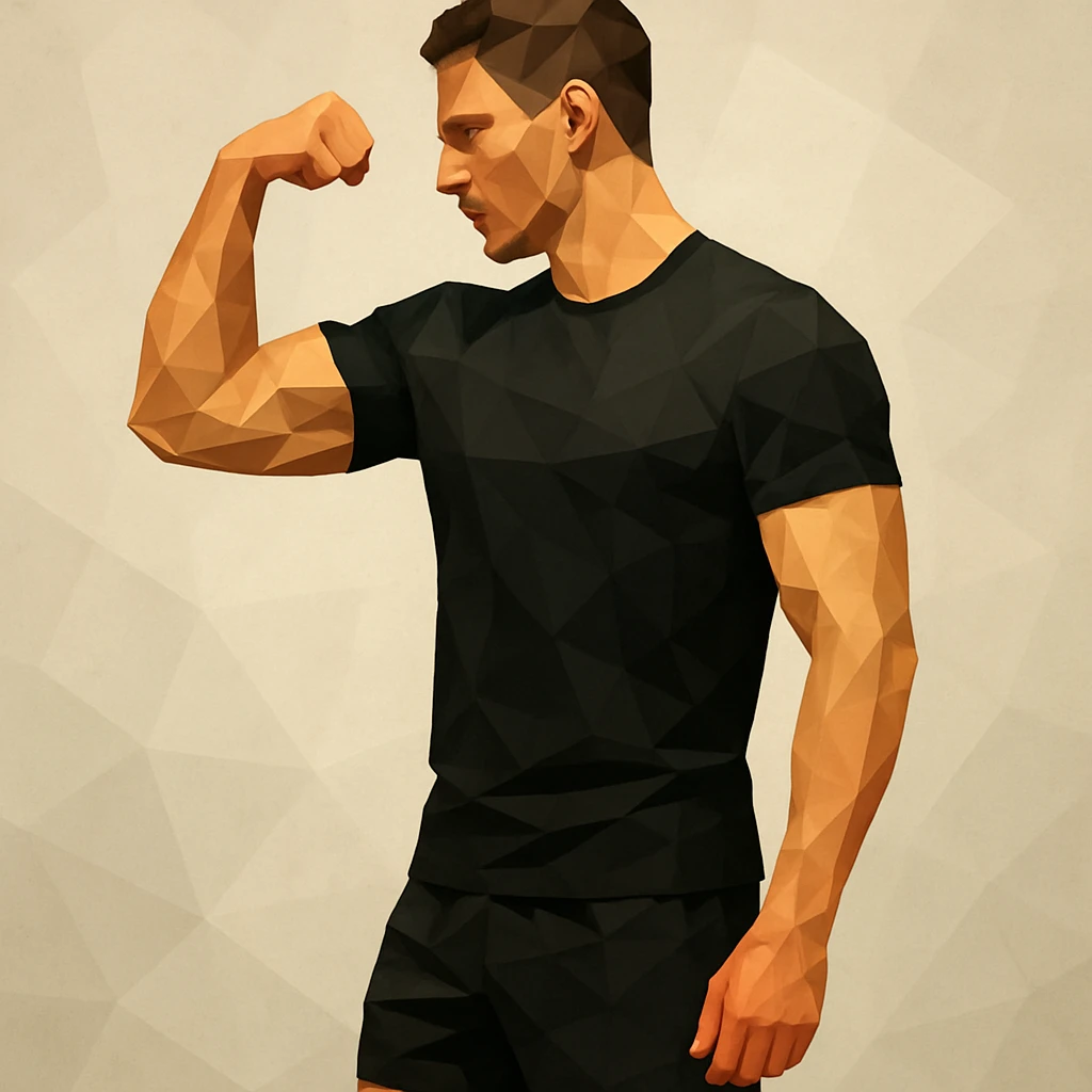 Athletic man in black shorts and black t-shirt stands sideways and shows biceps emoji