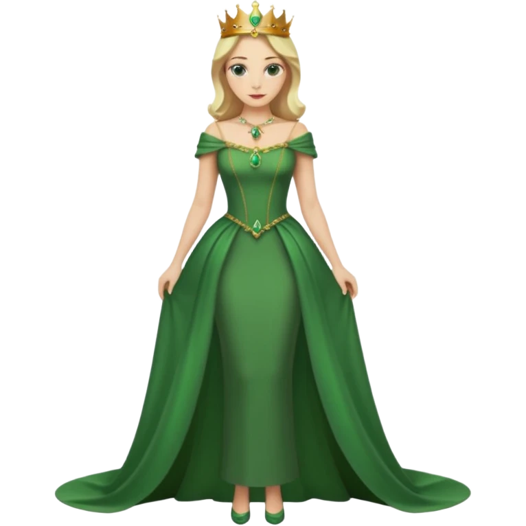 Queen, crown, blonde hair, green eyes, long green tight dress, whole Body, emoji