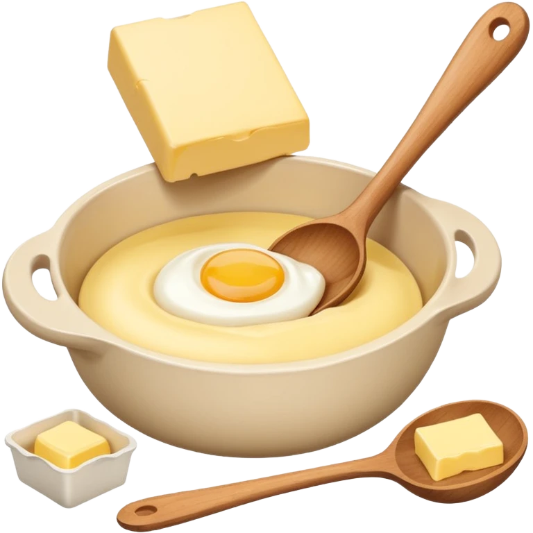 A cream ceramic baking bowl with a wooden spoon in it, next to it is a carton of eggs and butter emoji