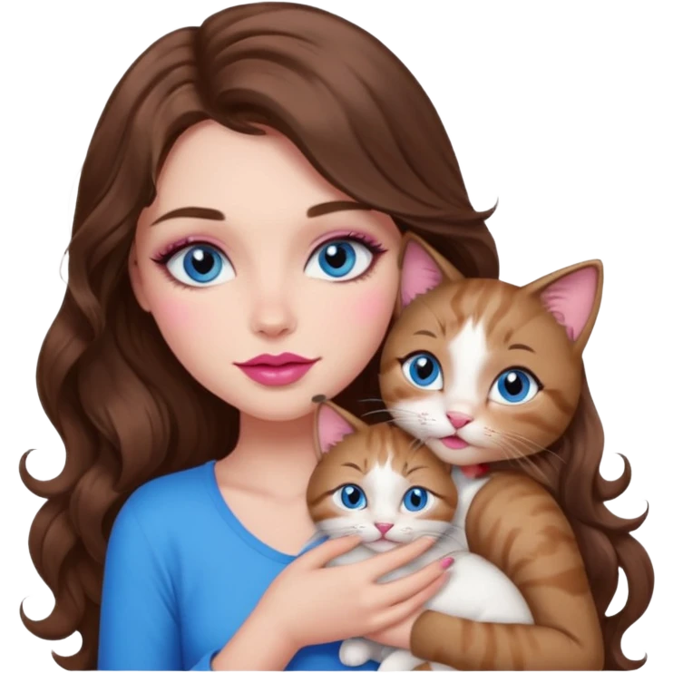 girl with long wavy brown hair, blue eyes, long lashes makeup, sexy pink lips, cuddling with 6 cats emoji