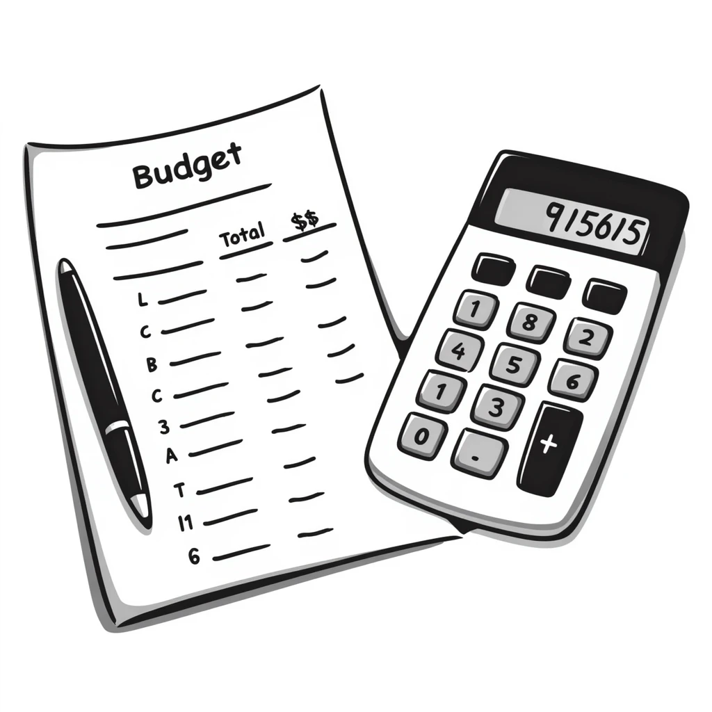 Budget sheet with expenses column and calculator emoji
