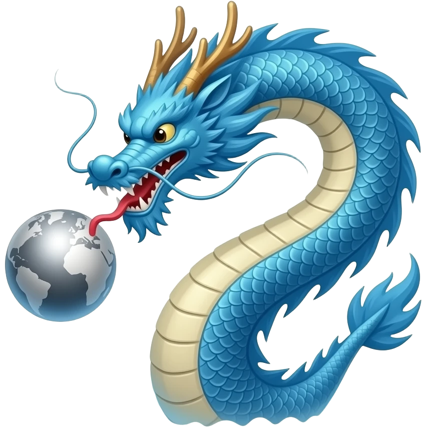 A long blue Chinese serpentine dragon emerges from the sea and hovers above the surface, playing with the silver planet. emoji