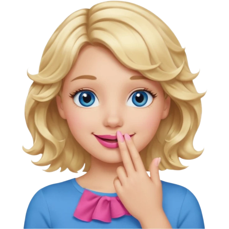 Girl Blonde short wavy hair,  blue eyes, cute blue top, long lashes, pink lips, smiling, hand covering the mouth emoji
