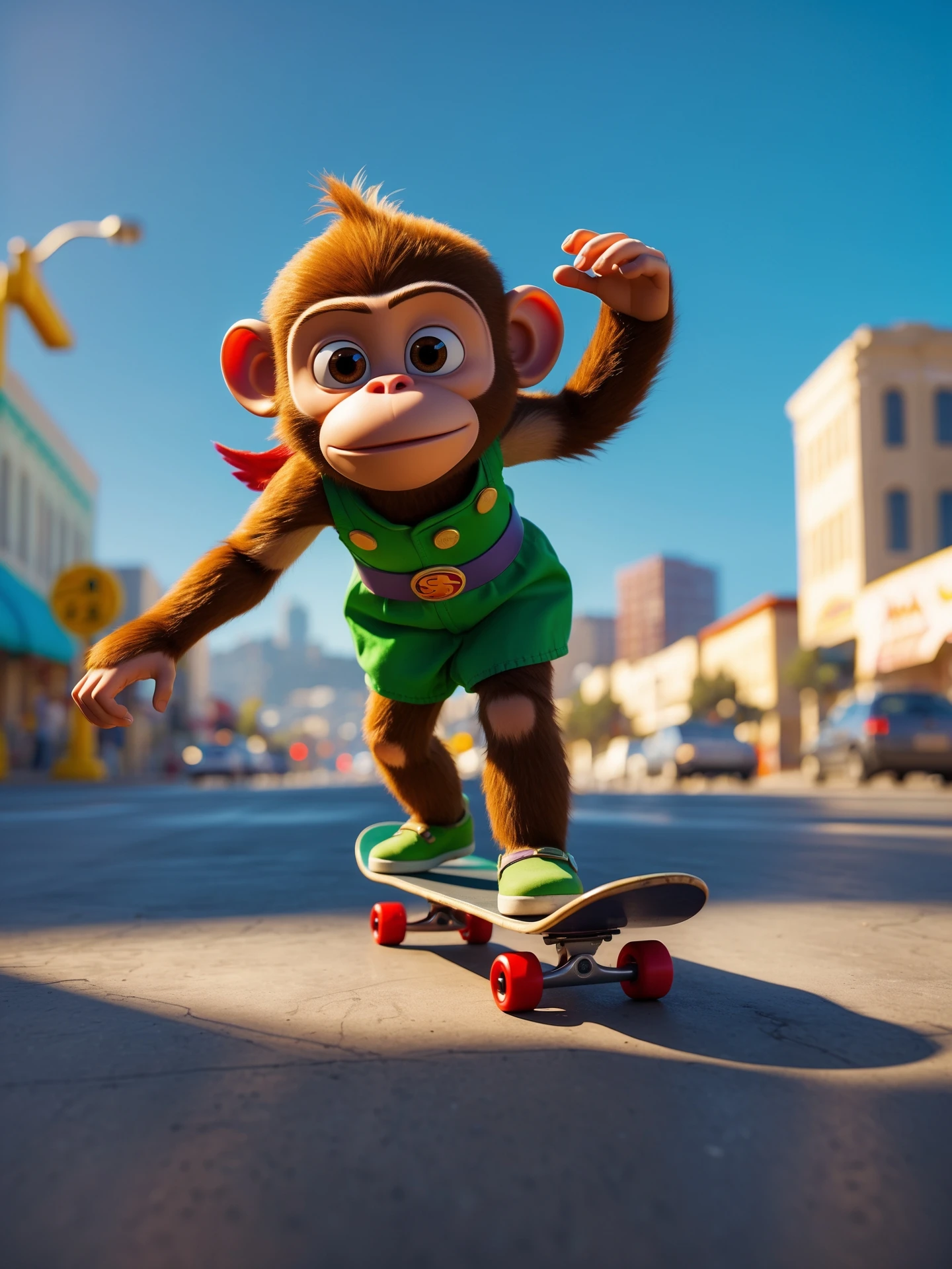 Disney style Cinematic still scane, Low angle shot, monkey dress in green outfit, monkey ride on skateboard, san francisno downtown with city lanscape, blue clean sky, captured by ARRI Alexa XT, soft cinematic lightning, back light, inspired by ToyStory 4 emoji